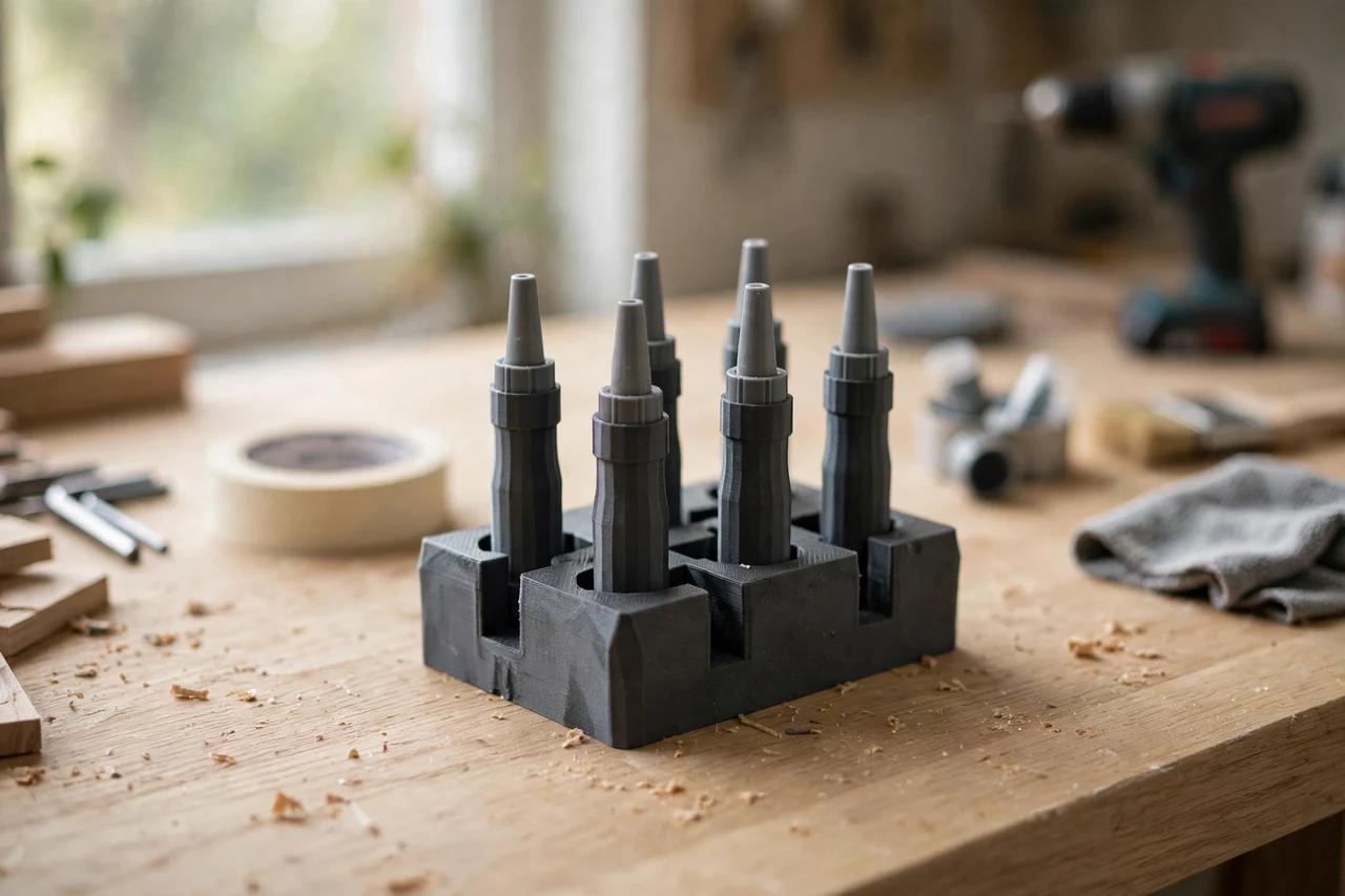 Home workshop scene on a light oak workbench, a matte charcoal-gray 3D printed caulk gun nozzle cap holders holding caulk tube nozzles capped between uses, soft natural window light, shallow depth of field