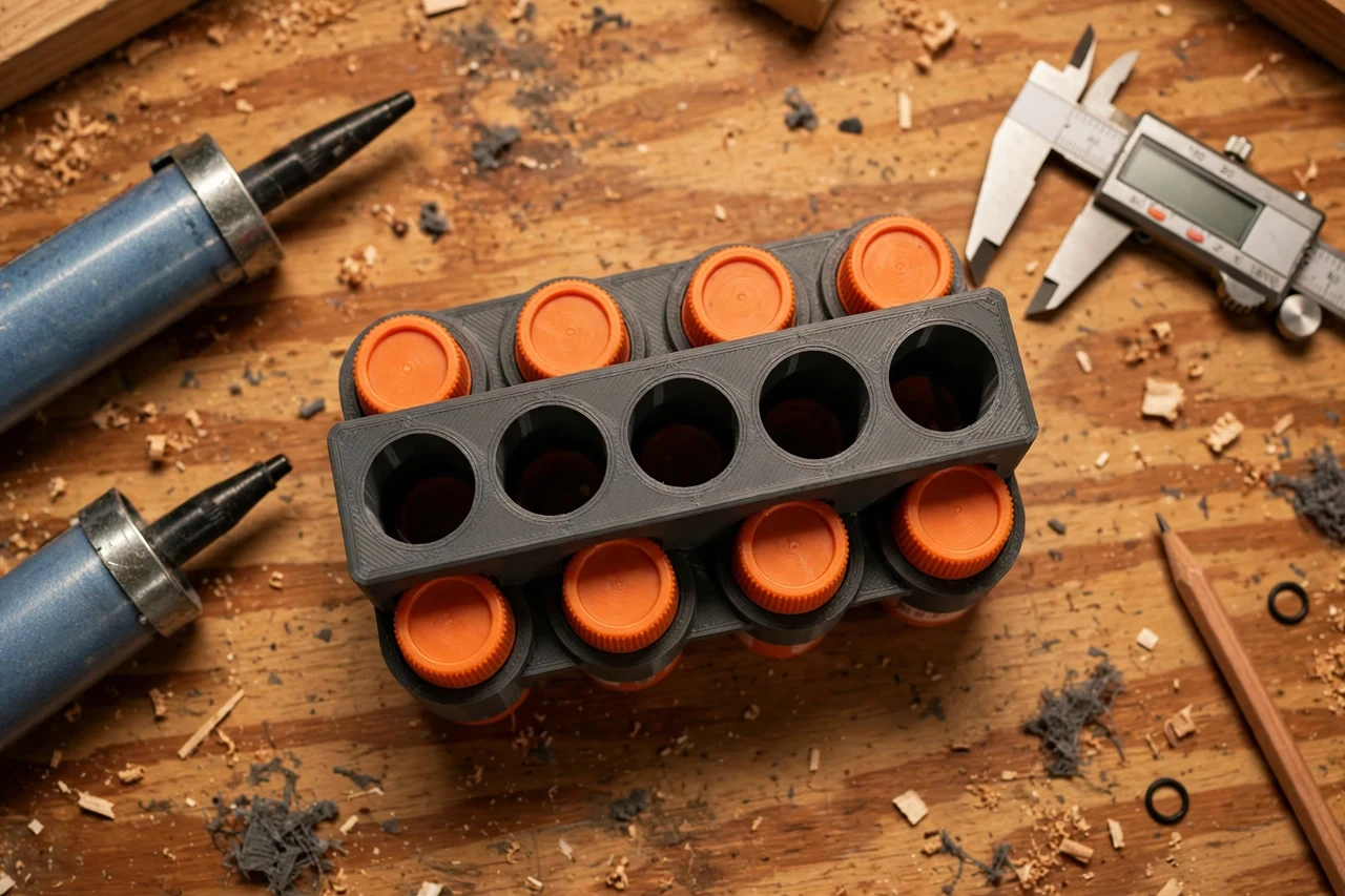 Close-up top-down view of a matte charcoal-gray 3D printed caulk tube cap holder being test-fitted against caulk tubes and their caps on a workbench, calipers and a pencil nearby, warm workshop lighting