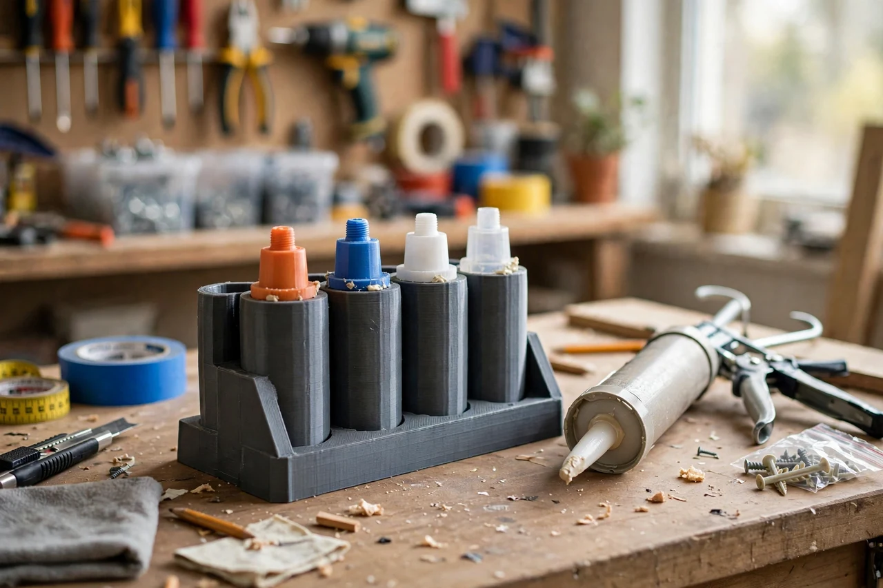 View of the finished 3D printed caulk tube cap holder in use on a home improvement project on a workbench, tidy workshop background in soft focus, bright natural light