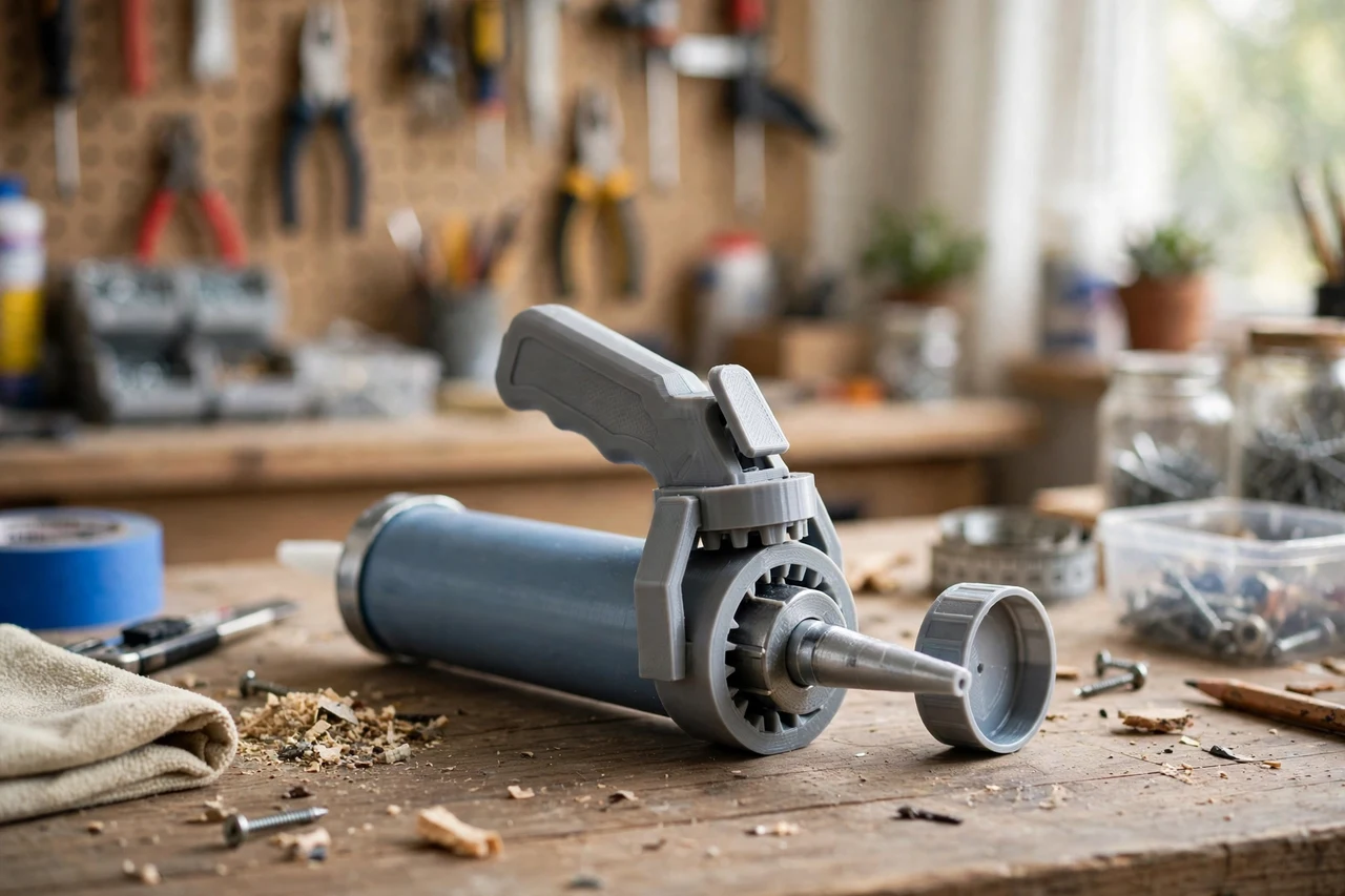 View of the finished 3D printed caulk tube cap removal tool in use on a home repair project on a workbench, tidy workshop background in soft focus, bright natural light