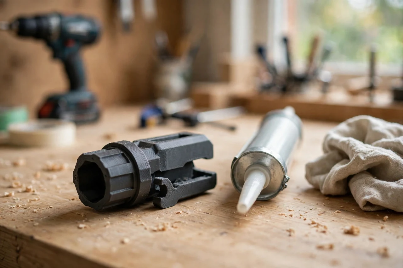 Home workshop scene on a light oak workbench, a matte charcoal-gray 3D printed caulk tube cap removal tool beside a caulk tube and a rag, soft natural window light, shallow depth of field