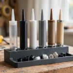 A bright home workshop scene, a matte charcoal-gray 3D printed caulk tube rack on a wooden workbench holding six caulk and sealant tubes upright