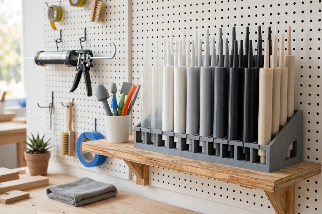 A finished caulk storage shelf with a 3D printed caulk tube rack full of sorted upright tubes