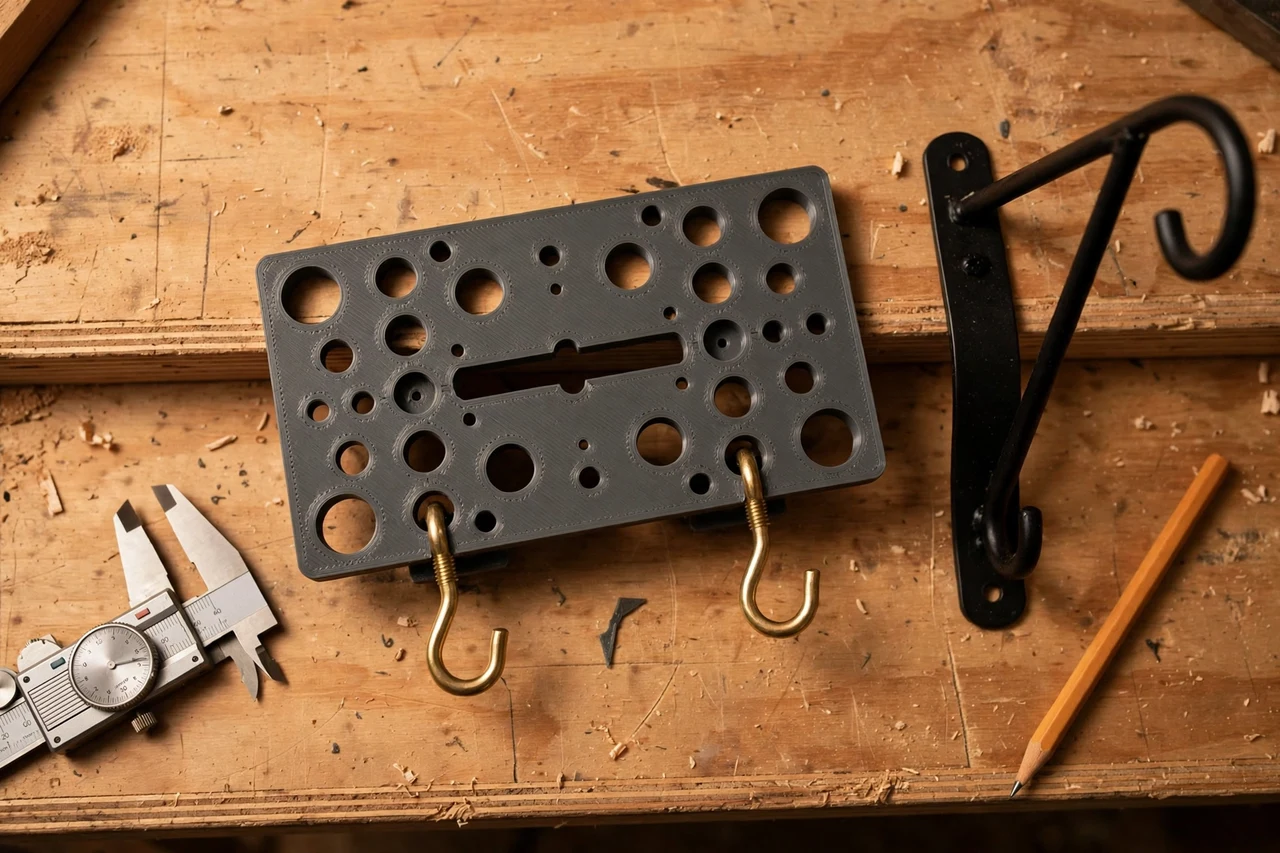 Close-up top-down view of a matte charcoal-gray 3D printed ceiling hook placement guide being test-fitted against ceiling hooks and a hanging plant bracket on a workbench, calipers and a pencil nearby, warm workshop lighting