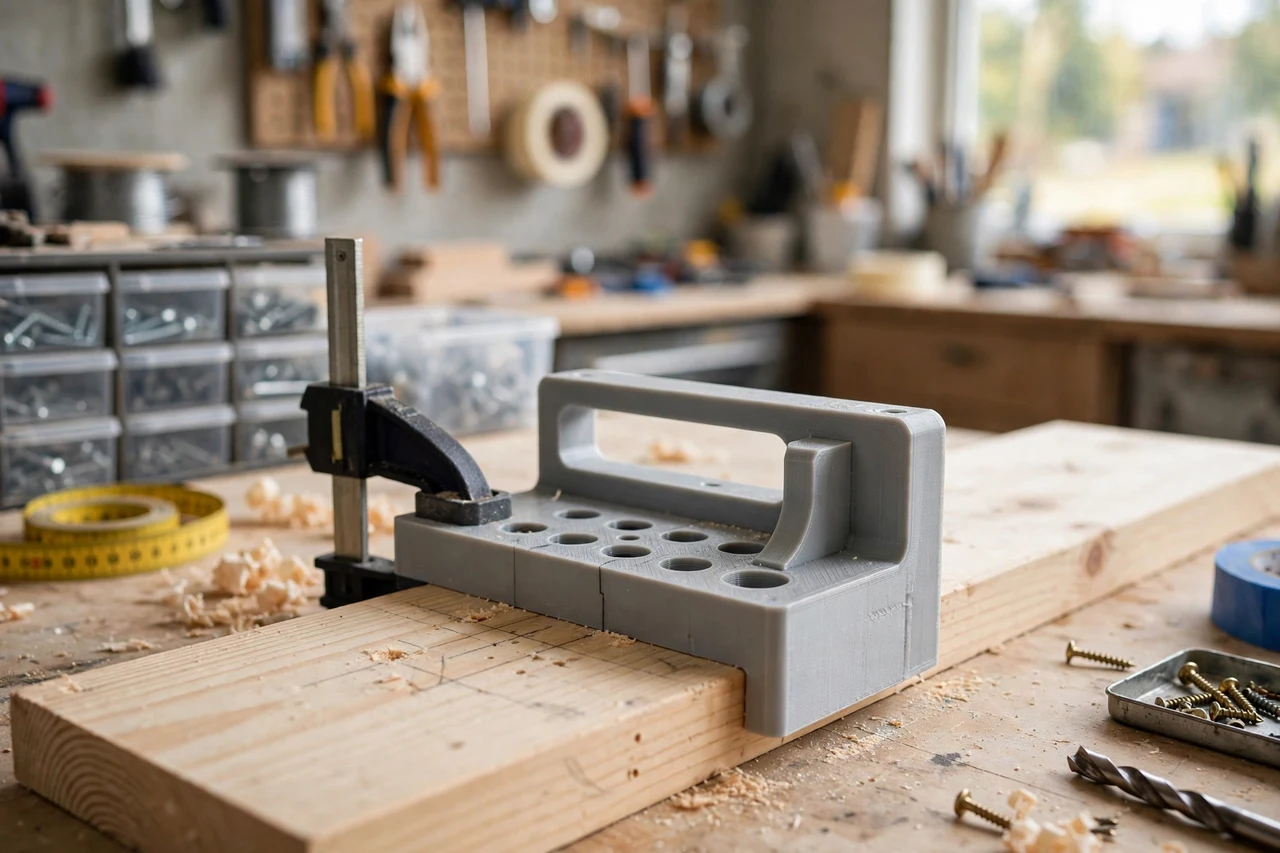 View of the finished 3D printed ceiling hook placement guide in use on a home improvement project on a workbench, tidy workshop background in soft focus, bright natural light