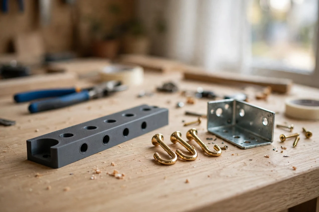 Home workshop scene on a light oak workbench, a matte charcoal-gray 3D printed ceiling hook placement guide beside ceiling hooks and a bracket, soft natural window light, shallow depth of field
