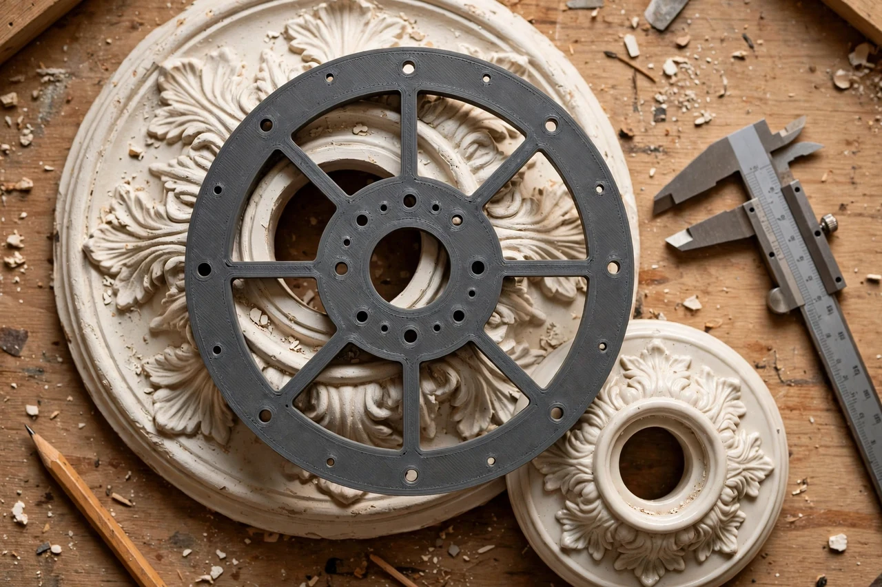 Close-up top-down view of a matte charcoal-gray 3D printed ceiling medallion centering template being test-fitted against a ceiling medallion and a light fitting rose on a workbench, calipers and a pencil nearby, warm workshop lighting