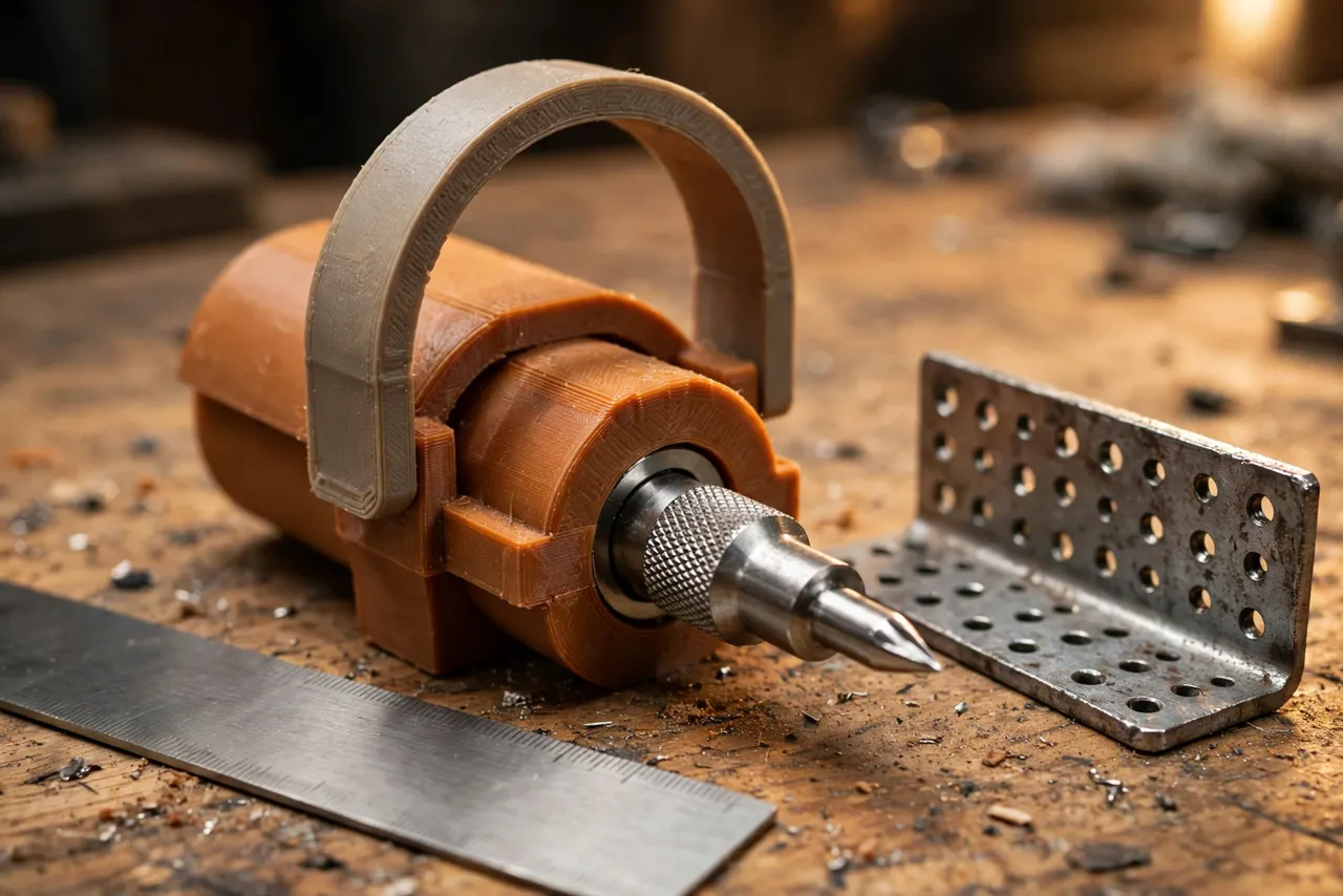 Close-up view of a 3D printed center punch holder with a finger guard shield and a steel punch seated in its socket