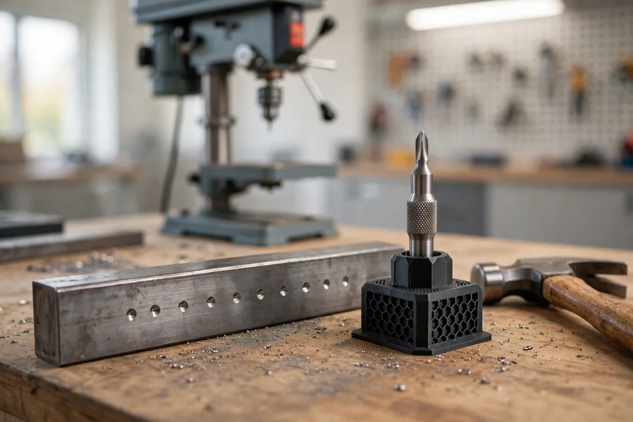 A metal workpiece on a workbench with a row of precise center punch marks ready for drilling