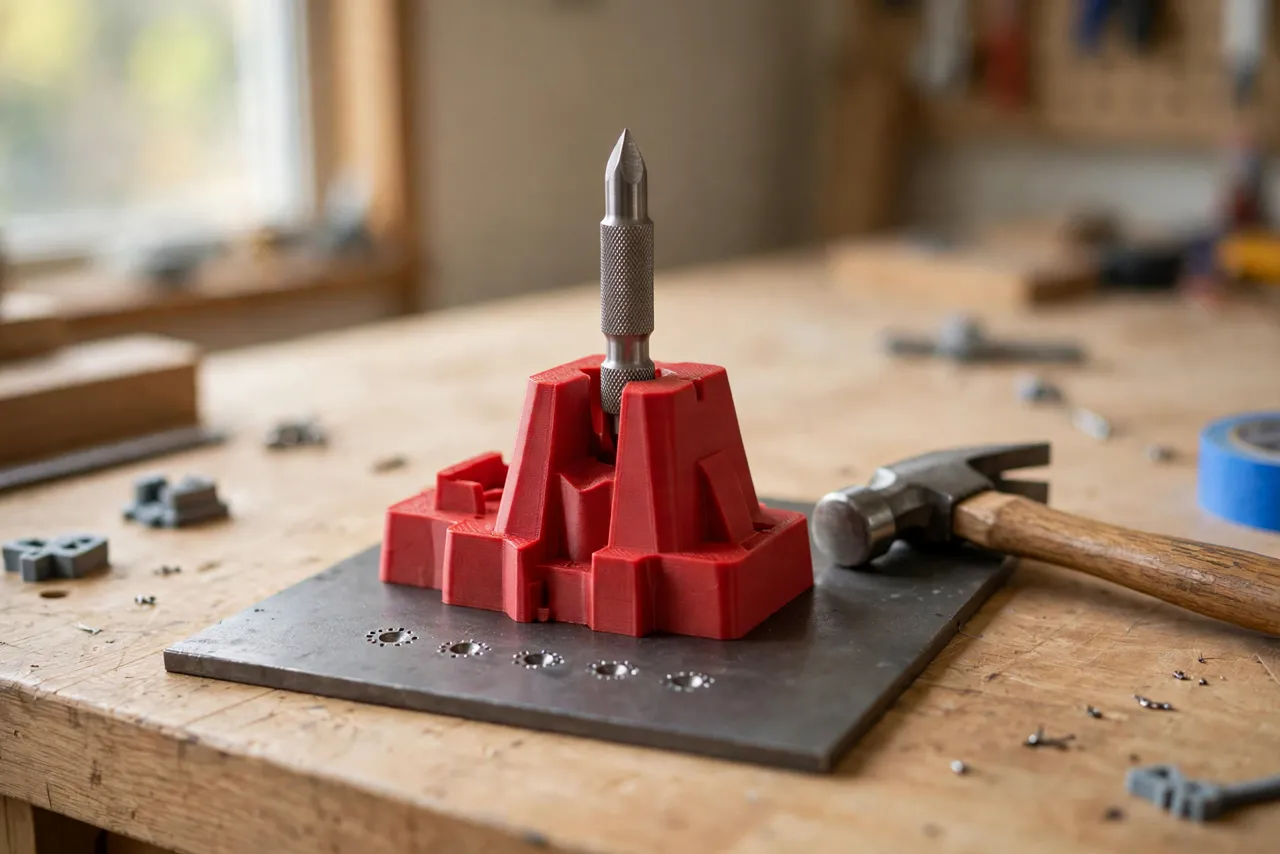 A bright home workshop scene on a light oak workbench