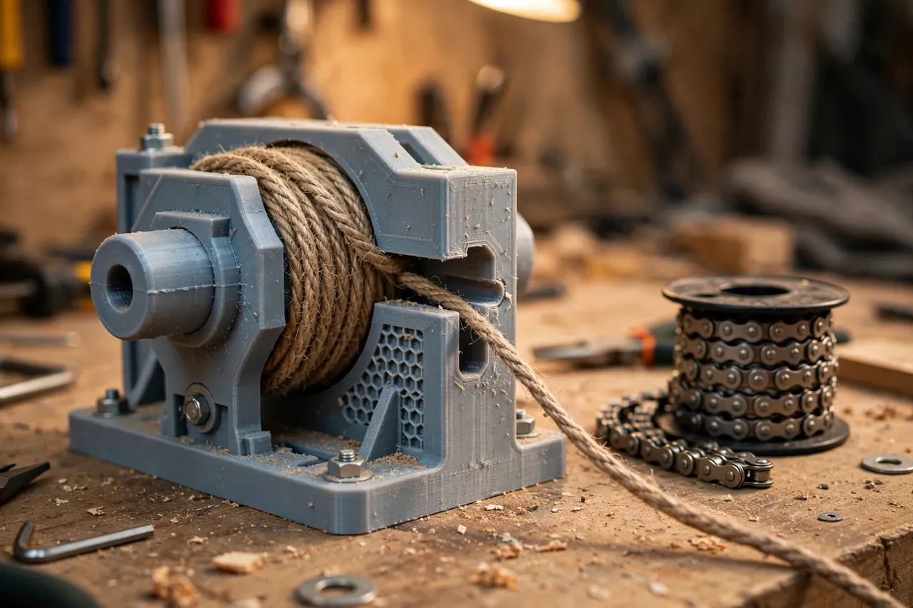 Close-up view of a 3D printed spool holder axle with a coil of rope unwinding cleanly through a guide slot