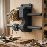 A bright home workshop scene, a matte charcoal-gray 3D printed wall-mounted spool holder with two horizontal axles
