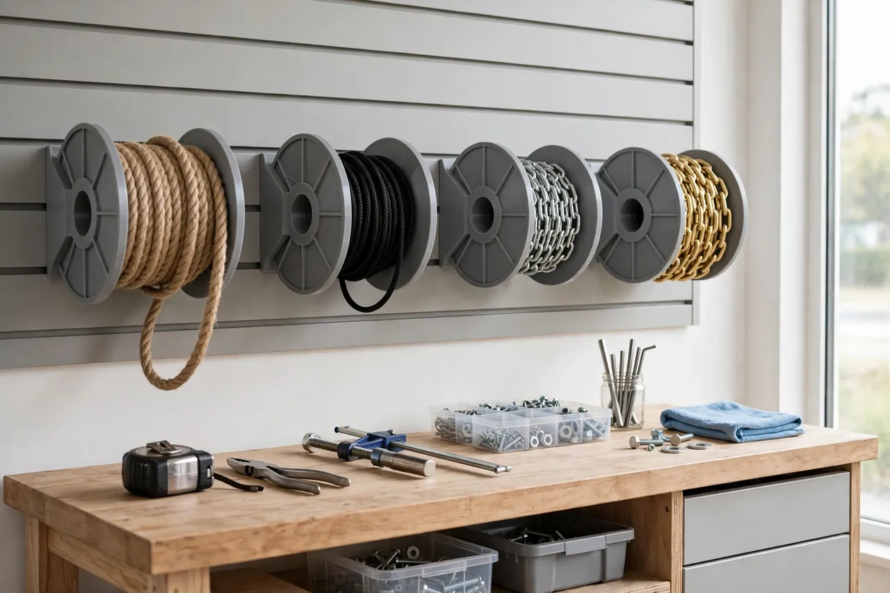 A tidy workshop wall with several 3D printed spool holders holding rope and chain of different sizes above a workbench, bright clean home workshop