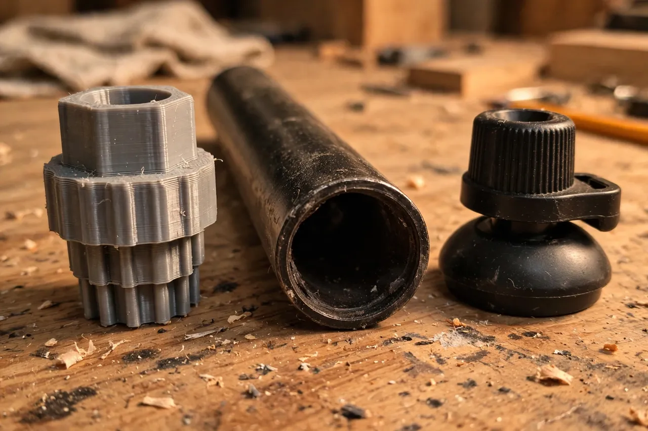 Close-up of a 3D printed insert adapter beside a chair leg end with an empty socket and a push-in glide on a workbench, warm lighting