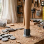 A bright home workshop scene, a matte dark-gray 3D printed insert adapter joining a wooden chair leg to a new felt glide