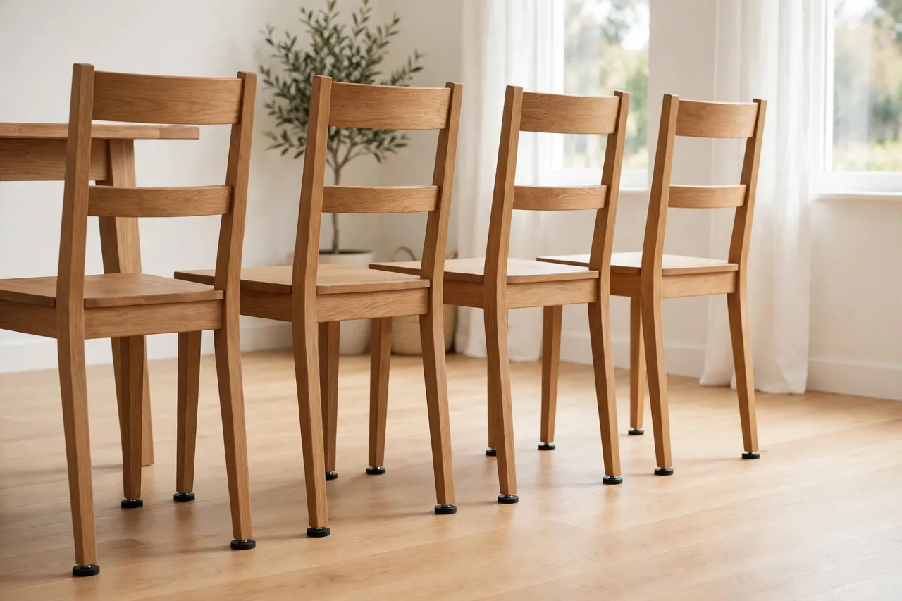 Finished dining chairs standing level on a wooden floor with new glides fitted, tidy dining room, bright light
