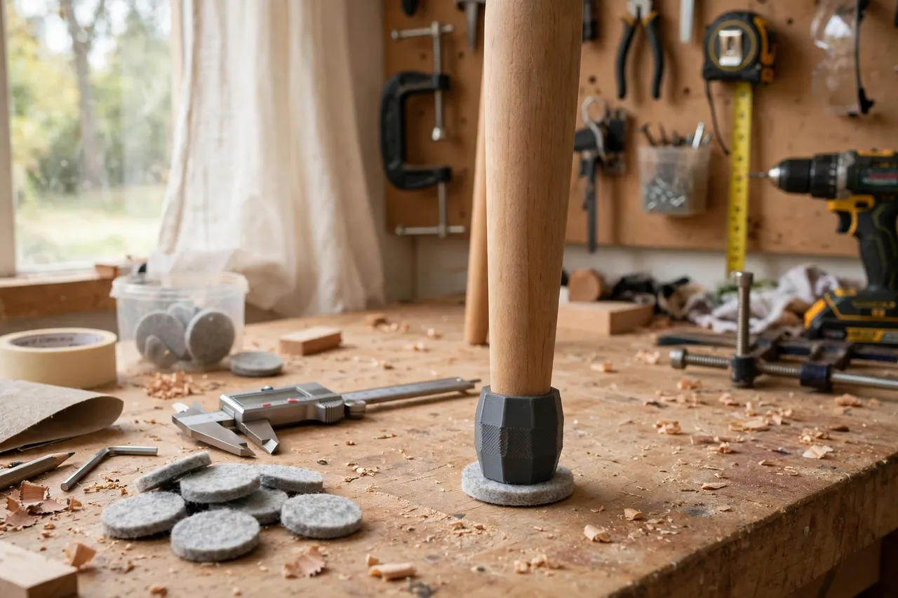 A bright home workshop scene, a matte dark-gray 3D printed insert adapter joining a wooden chair leg to a new felt glide