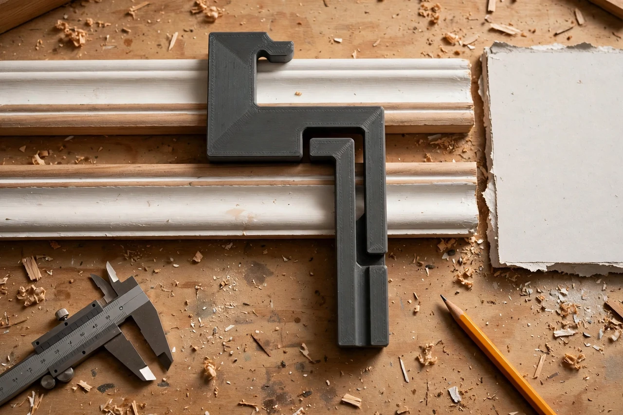 Close-up top-down view of a matte charcoal-gray 3D printed chair rail height marking gauge being test-fitted against chair rail lengths and wall surfaces on a workbench, calipers and a pencil nearby, warm workshop lighting