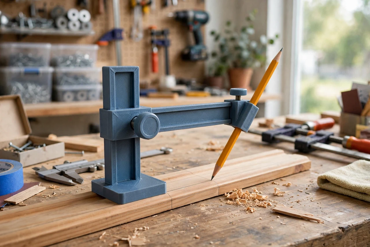 View of the finished 3D printed chair rail height marking gauge in use on a home repair project on a workbench, tidy workshop background in soft focus, bright natural light