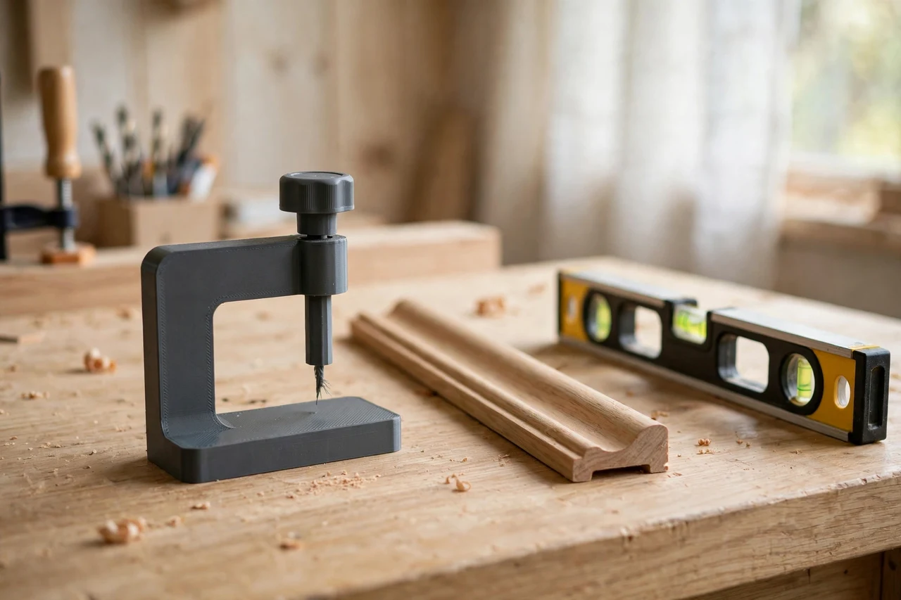 Home workshop scene on a light oak workbench, a matte charcoal-gray 3D printed chair rail height marking gauge beside a chair rail length and a spirit level, soft natural window light, shallow depth of field