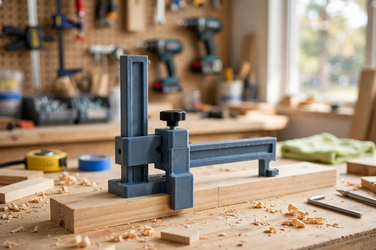 View of the finished 3D printed chair rail height tool in use on a home improvement project on a workbench, tidy workshop background in soft focus, bright natural light