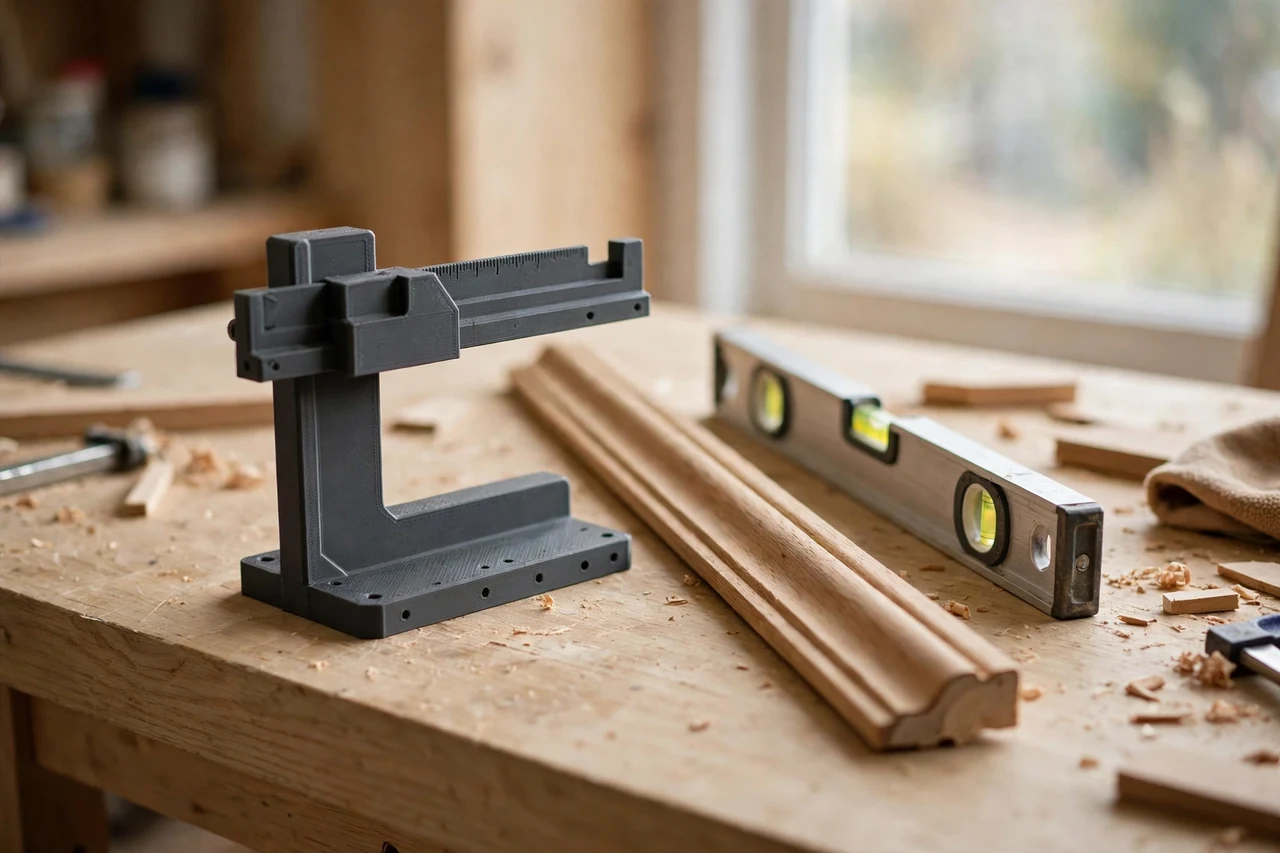 Home workshop scene on a light oak workbench, a matte charcoal-gray 3D printed chair rail height tool beside chair rail trim and a level, soft natural window light, shallow depth of field