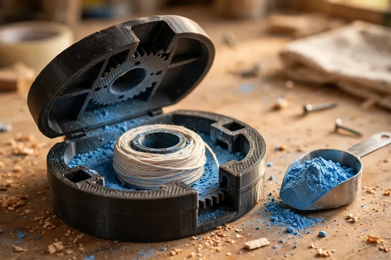 Close-up view of a 3D printed chalk line reel opened to show the chalk-filled chamber and wound line