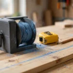 A bright home workshop scene on a light oak workbench
