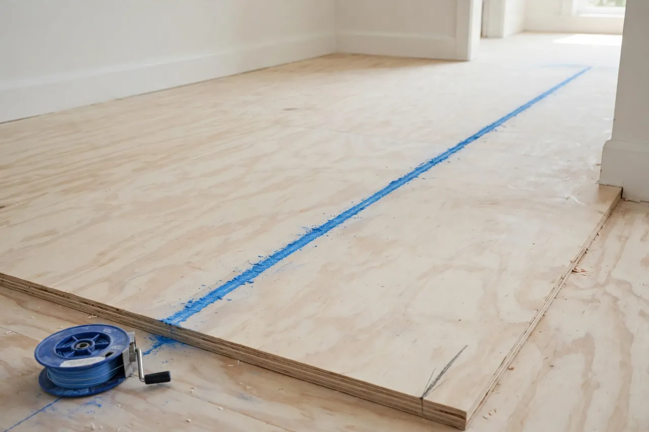 A long straight blue chalk line snapped across a pale plywood floor with a reel resting at one end and a pencil mark at the other
