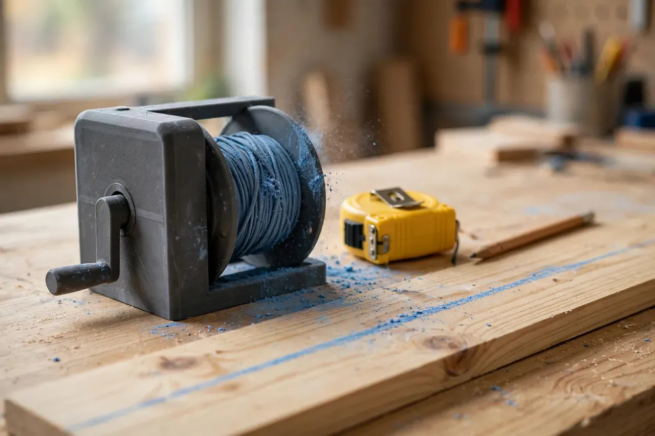 A bright home workshop scene on a light oak workbench