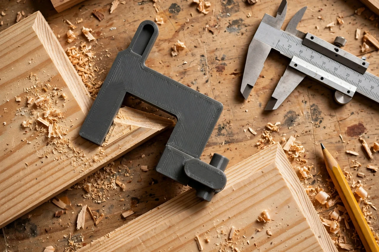 Close-up top-down view of a matte charcoal-gray 3D printed chamfer angle marking gauge being test-fitted against chamfered board edges and bevels on a workbench, calipers and a pencil nearby, warm workshop lighting