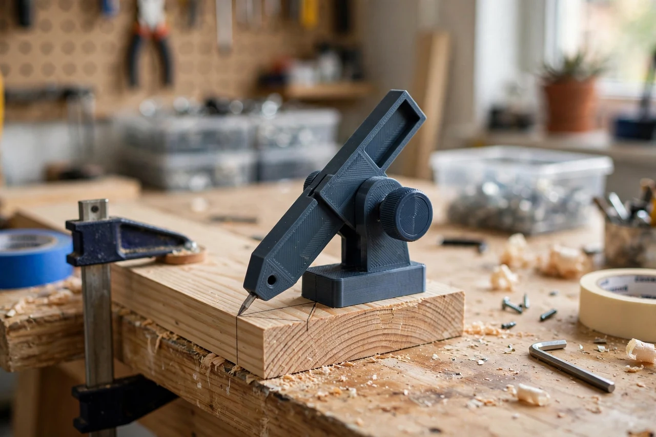 View of the finished 3D printed chamfer angle marking gauge in use on a home repair project on a workbench, tidy workshop background in soft focus, bright natural light