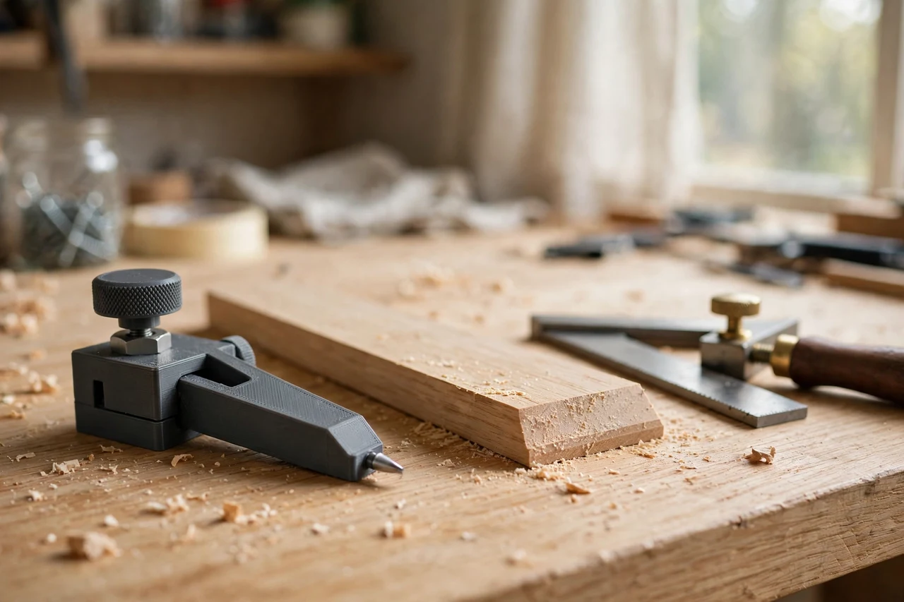 Home workshop scene on a light oak workbench, a matte charcoal-gray 3D printed chamfer angle marking gauge beside a chamfered board edge and a bevel square, soft natural window light, shallow depth of field