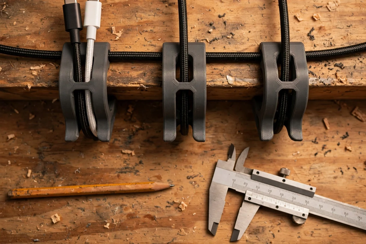 Close-up top-down view of a matte charcoal-gray 3D printed charger cable holder clips being test-fitted against charging cables routed along a bench or shelf edge on a workbench, calipers and a pencil nearby, warm workshop lighting