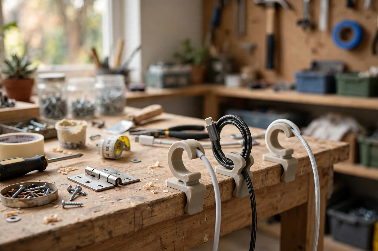 View of the finished 3D printed charger cable holder clips in use on a home repair project on a workbench, tidy workshop background in soft focus, bright natural light