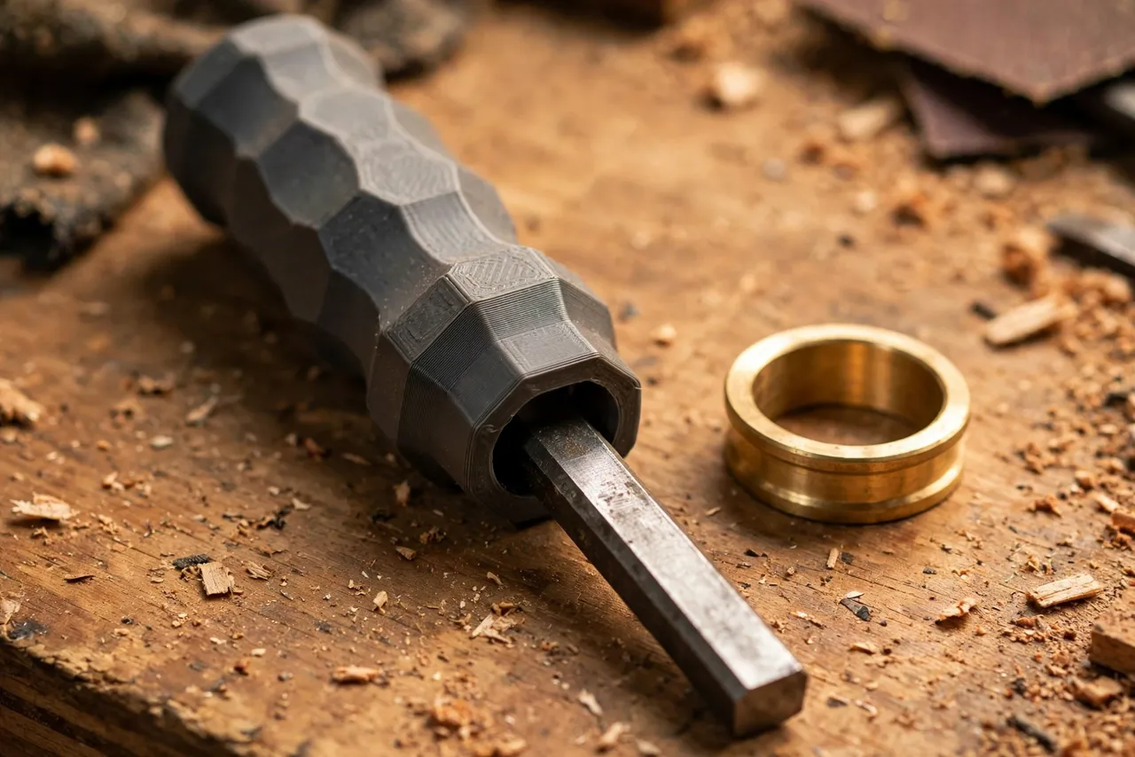 Close-up of a 3D printed chisel handle being fitted onto a steel chisel tang on a workbench, a ferrule beside it, warm workshop lighting