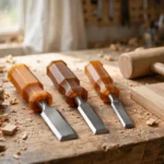 A bright workshop bench with matte amber 3D printed chisel handles fitted to steel chisels, a mallet and a wooden board nearby