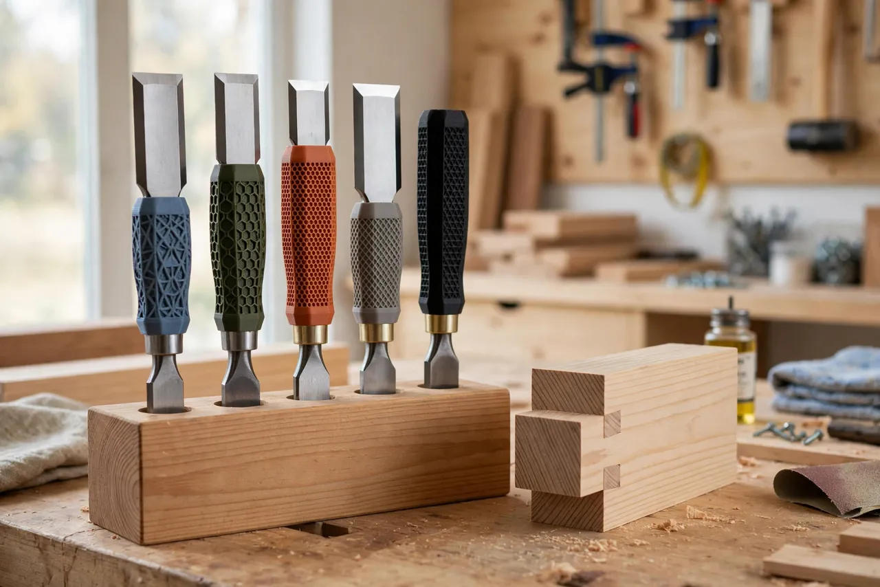 A set of restored chisels with printed handles standing in a wooden block on a bench, a finished wooden joint beside them