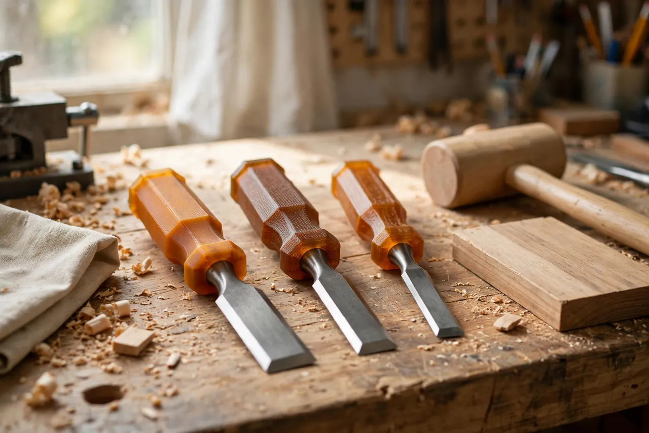 A bright workshop bench with matte amber 3D printed chisel handles fitted to steel chisels, a mallet and a wooden board nearby
