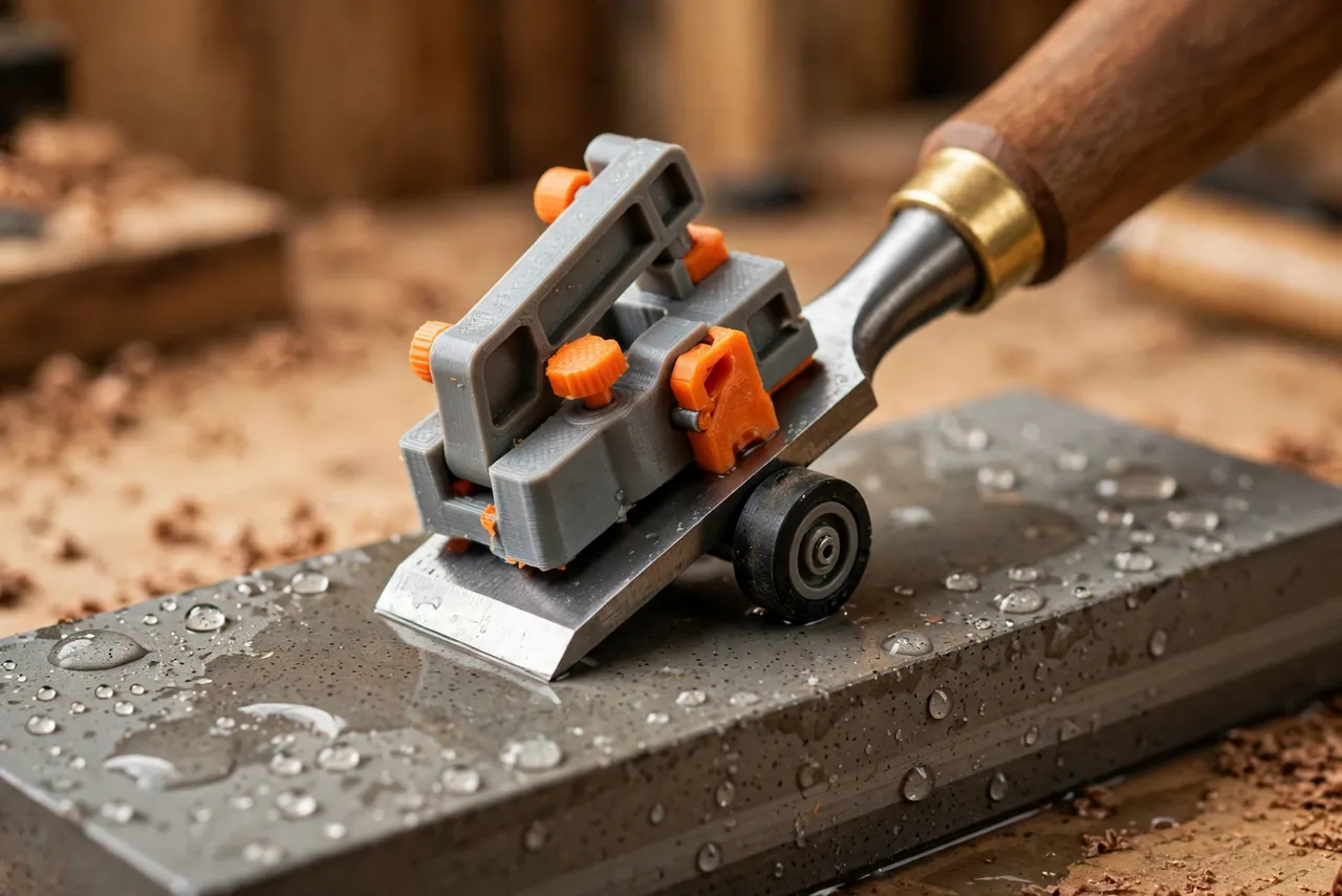 Close-up view of a chisel bevel resting flat against a whetstone