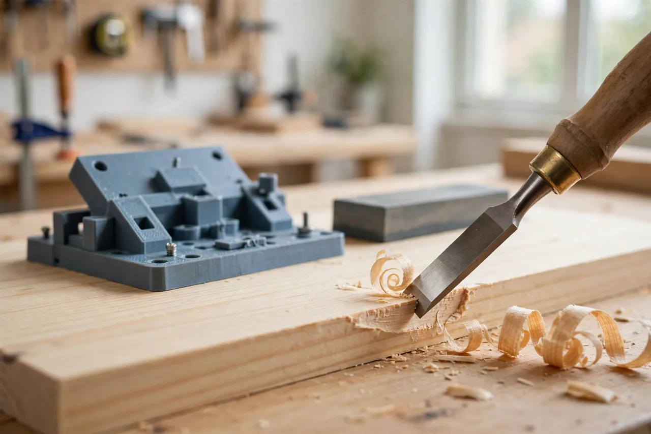 A sharp chisel slicing a thin curled shaving from a pine board on a workbench