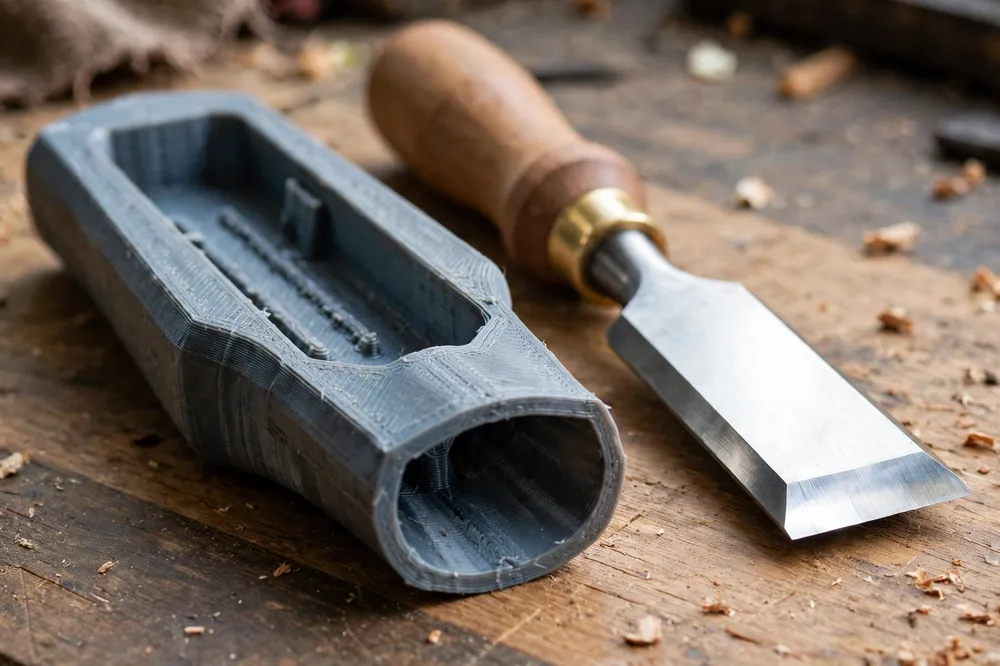 Close-up of a single 3D printed chisel blade guard being shown beside its chisel on a workbench