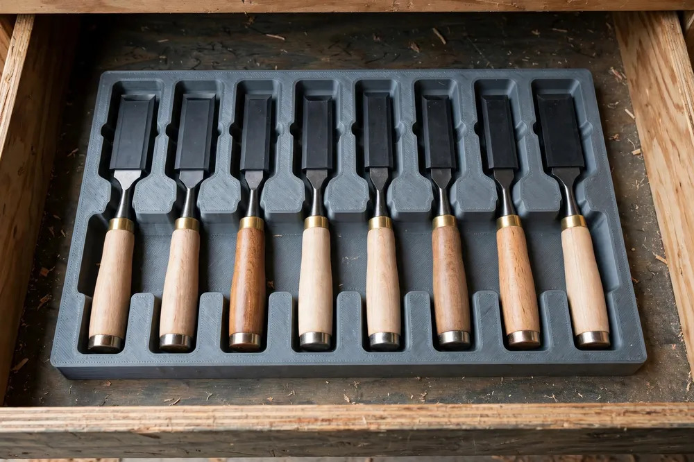A shallow workshop drawer opened to reveal a low-profile printed chisel tray with chisels lying in individual shaped cradles