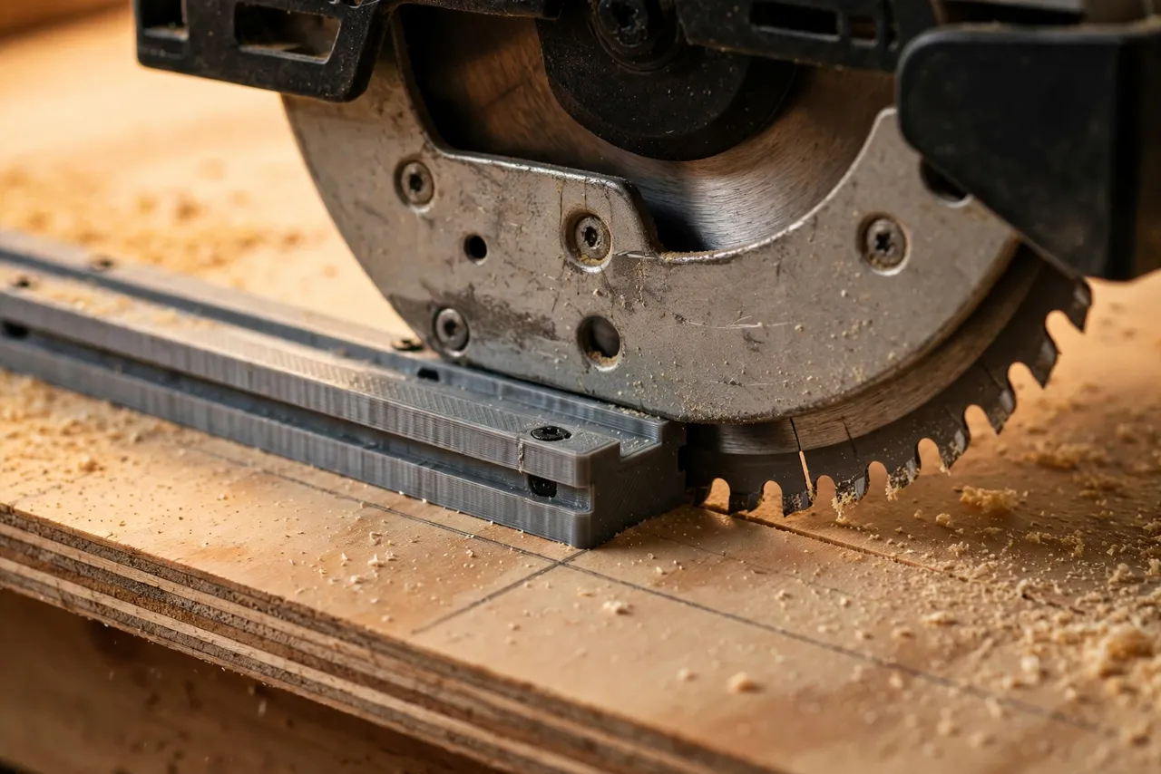 Close-up view of a circular saw base plate riding against a 3D printed guide rail on a plywood sheet
