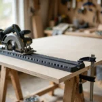 A bright home workshop scene, a matte charcoal-gray 3D printed circular saw track guide clamped along a large sheet of pale plywood on sawhorses