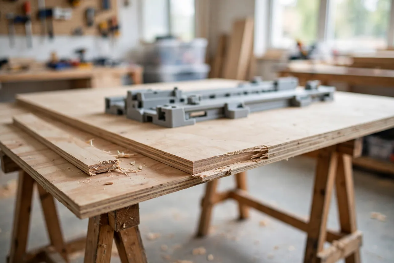 A freshly ripped plywood strip with a clean straight edge lying beside the remaining sheet on sawhorses