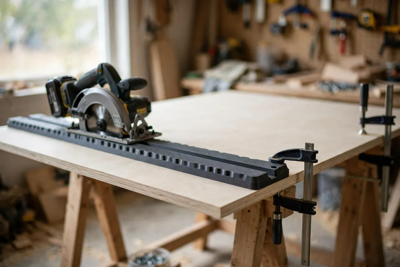 A bright home workshop scene, a matte charcoal-gray 3D printed circular saw track guide clamped along a large sheet of pale plywood on sawhorses