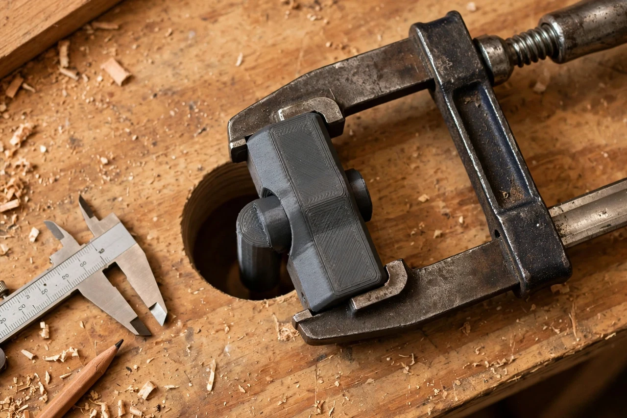 Close-up top-down view of a matte charcoal-gray 3D printed clamp jaw to bench dog adapter being test-fitted against a clamp jaw and a bench dog hole on a workbench, calipers and a pencil nearby, warm workshop lighting