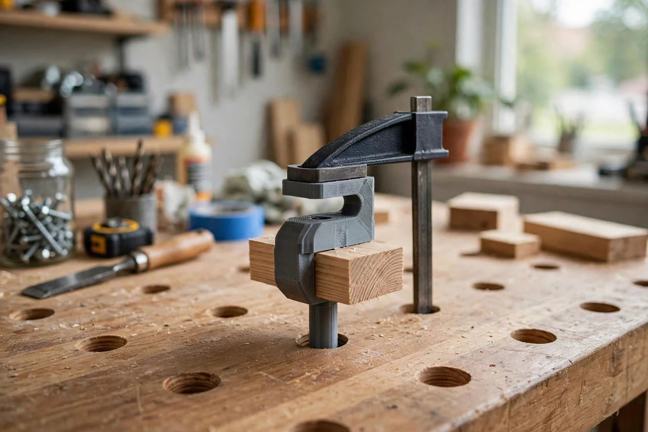 View of the finished 3D printed clamp jaw to bench dog adapter in use on a home repair project on a workbench, tidy workshop background in soft focus, bright natural light