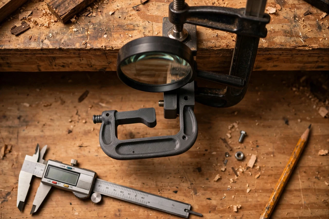 Close-up top-down view of a matte charcoal-gray 3D printed clamp-on bench magnifier holders being test-fitted against a bench magnifier clamped to a bench edge on a workbench, calipers and a pencil nearby, warm workshop lighting